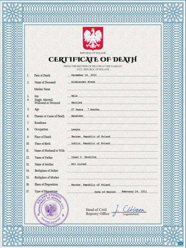 Download Poland vital record death certificate PSD template Photoshop template